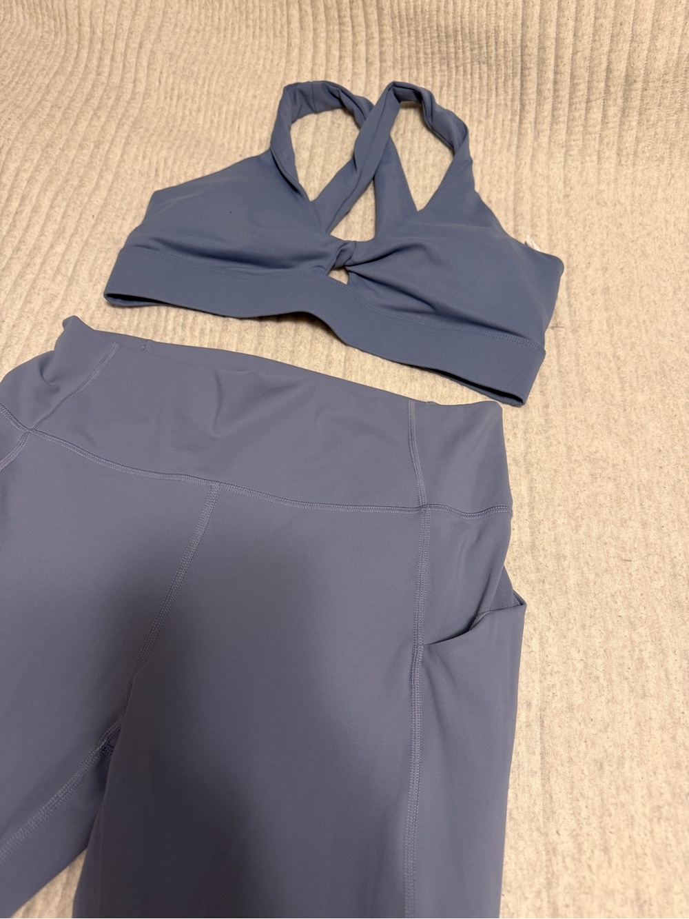 Fabletics Slate Blue Twist-Front Sports Bra and High-Waist Leggings Set